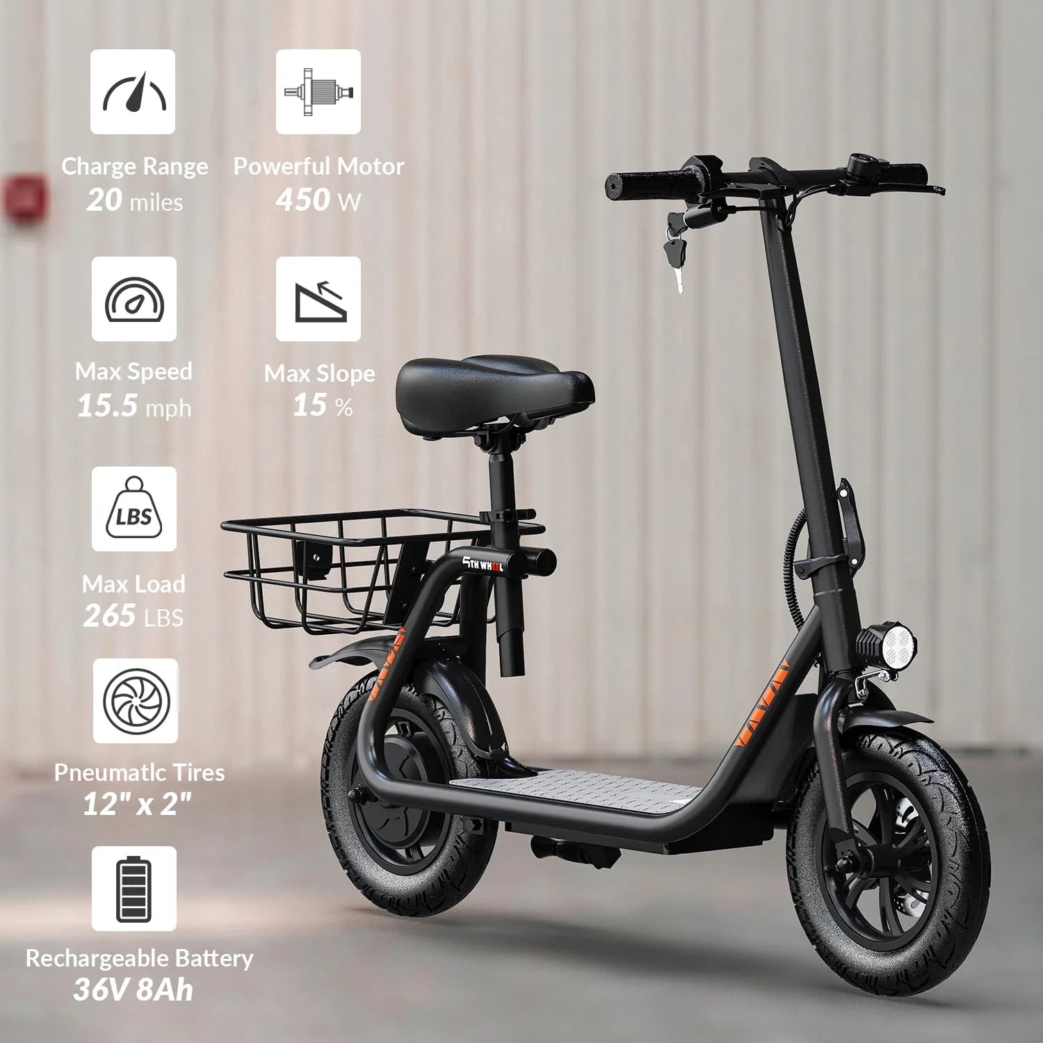W18S 450W Motor Electric Scooter for Adults with Seat and Carry Basket, 36V 20Miles Range & 15.5Mph, 12" Foldable E Scooter for Commuting, UL 2272